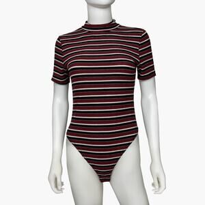 NASTY GAL Women's Short Sleeve Stripped Mock Neck Bodysuit (Red | Size 10)